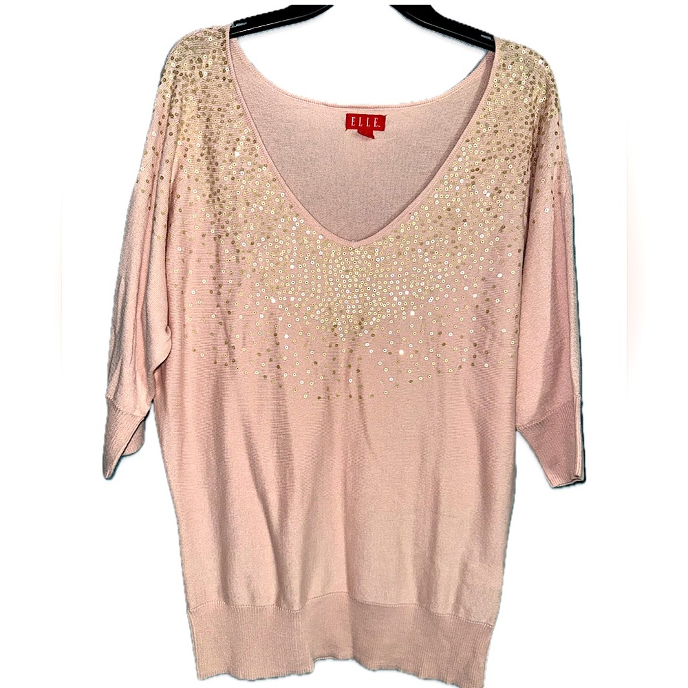 Elle Pink oversized V-Neck Sequined Sweater, Women's Size M